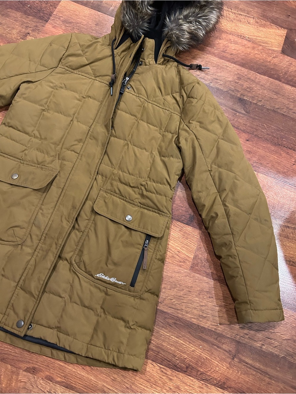Eddie Bauer Hooded Down Parka with Faux Fur Women’s Small Gold Brown Coat EB550 - Picture 2 of 11